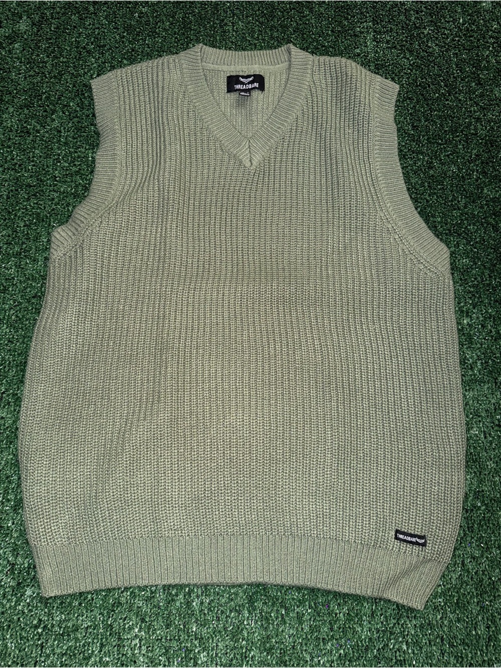 Threadbare Men’s Green Waffle-Knit V-Neck Sleeveless Sweater Vest Logo L
